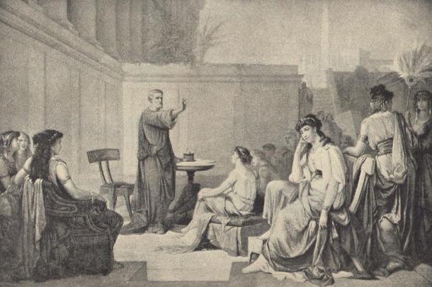 Illustration depicting Pythagoras teaching women.