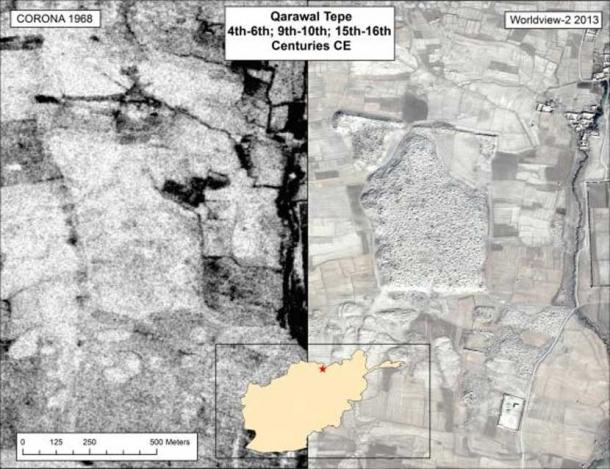 Qarawal Tepe in Northern Afghanistan has been extensively looted--the 2013 image shows the site marked by thousands of pits.