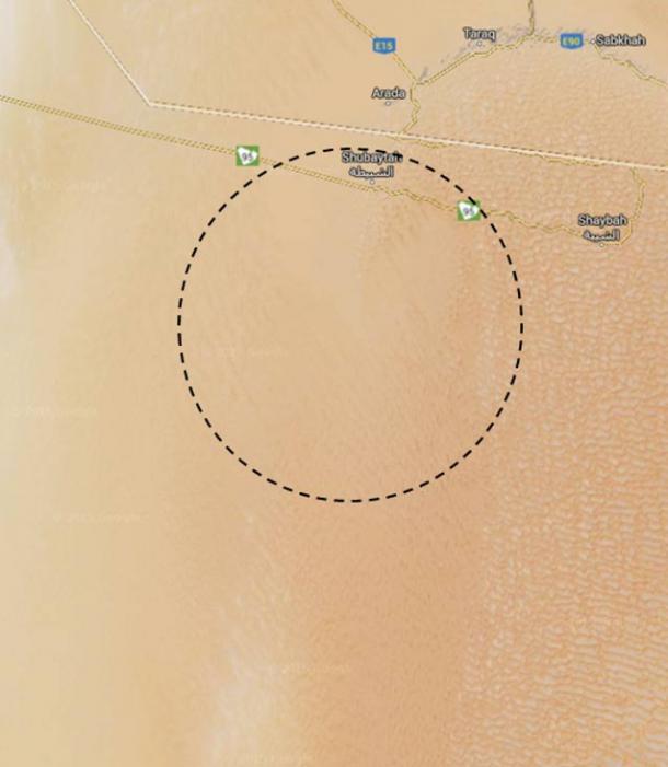 Close up of the general area where O’Shea claimed to have found Qidan. The crescent to the NE is the Liwa Oasis, and the white line is the UAE-Saudi border. 