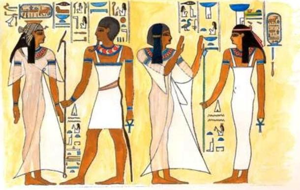 Queen Bint-Anath and her daughter with a god and goddess as depicted in her tomb in the Valley of the Queens, Egypt. Bint-Anath and her daughter are both wearing kalasiris.