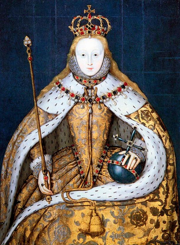 Queen Elizabeth I of England in her coronation robes, patterned with Tudor roses and trimmed with ermine.