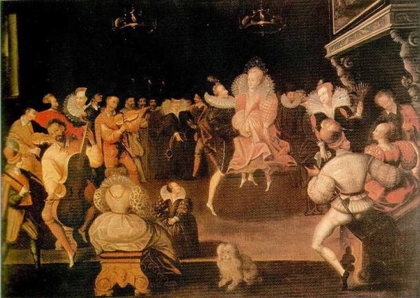 Queen Elizabeth I and Robert Dudley dancing (Attr. Marcus Gheeraerts / Public Domain)
