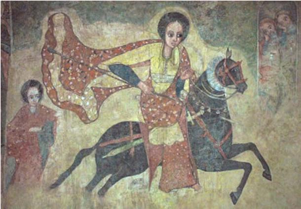The Queen of Sheba on horseback enters Jerusalem, Ethiopian fresco