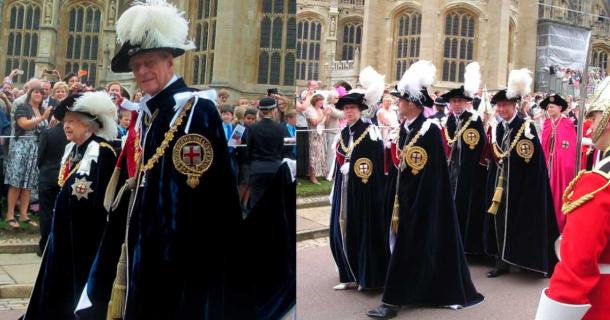 Left: Queen Elizabeth II and Prince Philip walking in the Order the Garter Day Procession, Windsor Castle, England, 2014. Prince Philip, then 93-years-old, was the longest-serving Knight of the Order of the Garter. (Alex-David Baldi CC BY NC SA 2.0)  Right: The Princess Royal, the Earl of Wessex, the Duke of York and the then-Prince of Wales (now King Charles III) in procession to St George's Chapel, Windsor Castle for the annual service of the Order of the Garter, 2006 (Phillip Allfrey / CC BY SA 2.5)