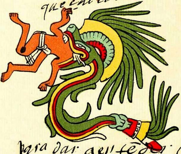 Quetzalcoatl in feathered serpent form, Codex Telleriano-Remensis. (Public Domain)