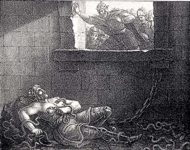 Ragnar’s execution by King Ælla in a pit of snakes. Etching by Hugo Hamilton. (Public Domain)