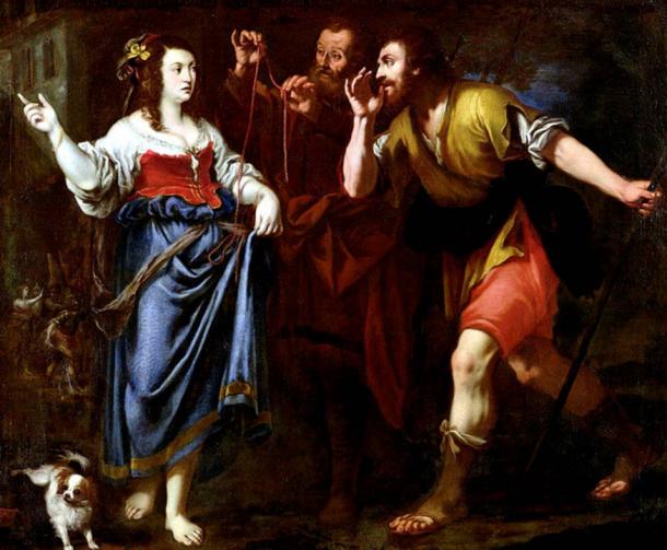 Painting depicting Rahab of Jericho and the scarlet thread