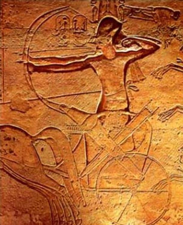 Ramses II at the Battle of Kadesh rides a chariot (relief at Abu Simbel).