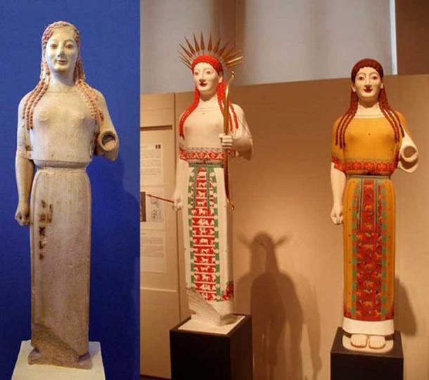 Izquierda: 'Peplos Kore', alrededor del 530 a. Derecha: Reconstruida en policromía como Atenea por el equipo de Brinkmann