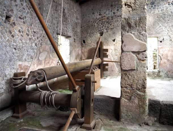 Reconstructed ancient Roman wine press at the Villa of the Mysteries, Pompeii, Italy. (E. Dodd, Author provided)