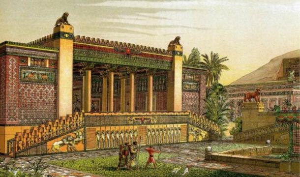 Reconstruction of the gardens and outside of the Palace of Darius I of Persia in Persepolis
