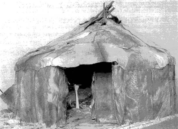 Reconstruction of Paleolithic housing in Mizyn.