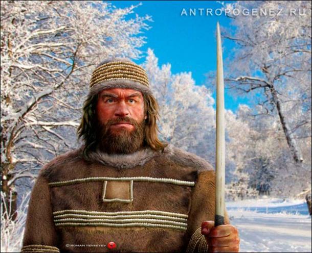 Reconstruction of Sungir man with mammoth tusk spear made by Roman Yevseev for Antropogenez.ru. A mammoth tusk spear with microliths found in Kostenki, via drive2.ru