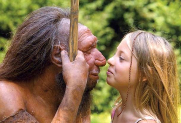Reconstruction of a Neanderthal meets a very modern human at the Neanderthal Museum, Mettmann, Germany.