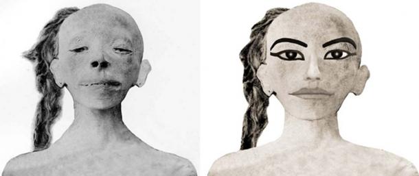 Reconstruction of a photo of the mummy of the mysterious boy, sans the deep gash on his neck and jaw. (Right) Artist’s impression of how the child may have appeared whilst alive. This has led to comparisons with Tutankhamun’s Khonsu statue. (Photos and art: G. Elliot Smith - Wikimedia Commons; and Tutankhaten-pasheri)
