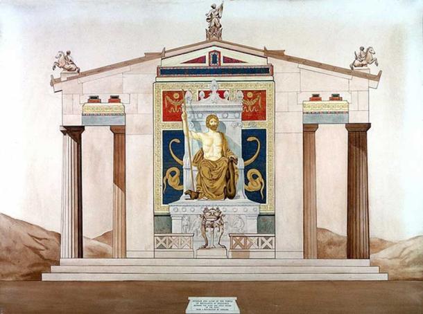 Reconstruction of the interior, altar and statue of temple of Aesculapius at Epidaurus. 