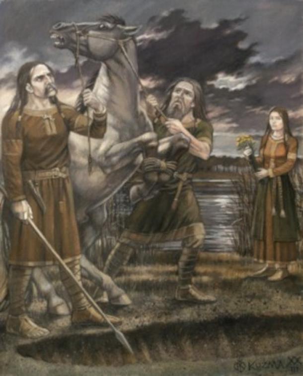 Reconstruction of the ritual sacrifice of a horse at Paprotki Kolonia. 