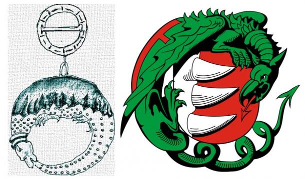 Left: Reconstruction of the emblem based on sketches found at the Austrian Museum. (CC BY-SA 3.0) Right: Coat of arms 