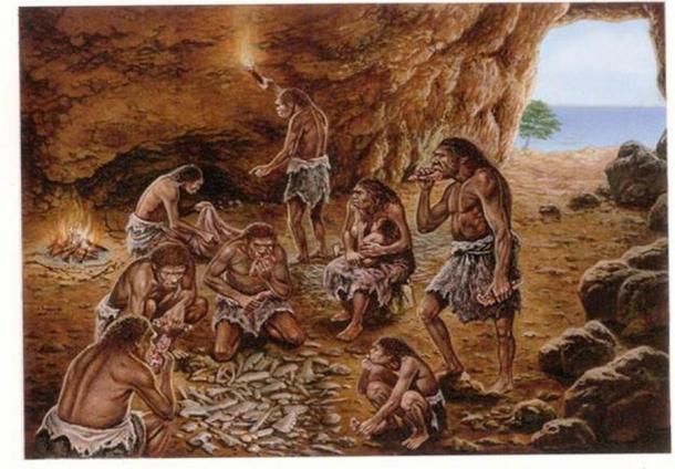Reconstruction of ancient human cave dweller in the Lazaret Cave, France, showing the hearth at the side of the cave.  Source: De Lumley, M. A. / Public Domain