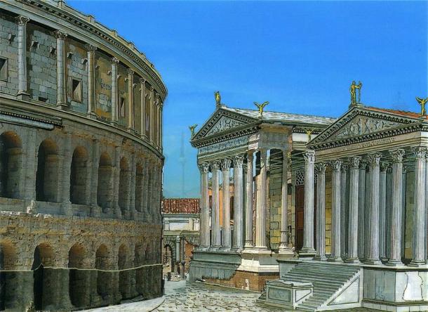 Reconstruction of the Temple of Bellona in Rome (on the right), next to the Temple of Apollo Sosianus (center) and the Theatre of Marcellus (left). The Dies Sanguinis, or Day of Bloody Sacrifice, was dedicated to the goddess Bellona. (Larry Koester / CC BY 2.0)
