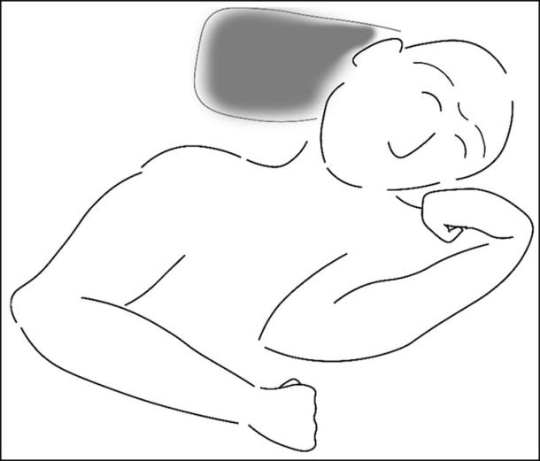 Reconstruction of the possible burial position of the recently found Neanderthal remains; the stone behind the head is shown in grey. (E. Pomeroy / Antiquity Publications Ltd)