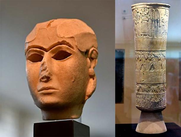 Recovered artifacts: The Mask of Warka (left) and the votive Vase of Warka (right) dating back to 3000-2900 BC.  (Osama Shukir Muhammed Amin FRCP (Glasg)/CC BY-SA 4.0) and (Osama Shukir Muhammed Amin FRCP (Glasg)/CC BY-SA 4.0)