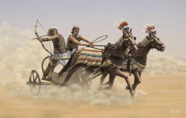 Recreation of an Egyptian war chariot from the Early New Kingdom. Based on historical wall paintings, the armor and chariot from Tutankhamun's (r. c.1336-c.1327 BC) tomb, and illustrations by artist Angus McBride. (Simon Seitz / CC BY-NC-SA 4.0)