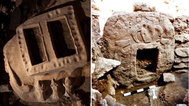 Izquierda: entrada rectangular encontrada en Gobekli Tepe, a través de la cual los carnívoros entraron al pozo para consumir el cadáver.  Derecha: Piedra del portal ubicada en Gobekli Tepe.  (Autor proporcionado)
