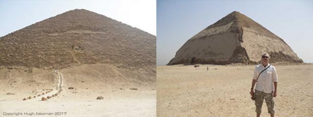 The Red Pyramid and Bent Pyramid of Dashur, with the author standing in front. Photos by Hugh Newman.