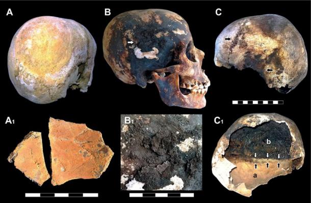 Red and black mineral incrustations detected in the victims' skulls. (Image: © 2018 Pierpaolo Petrone et al)