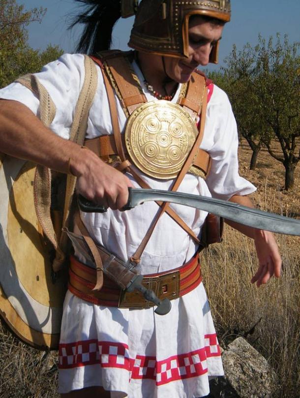 Reenactor armed as an Iberian soldier with Falcata.