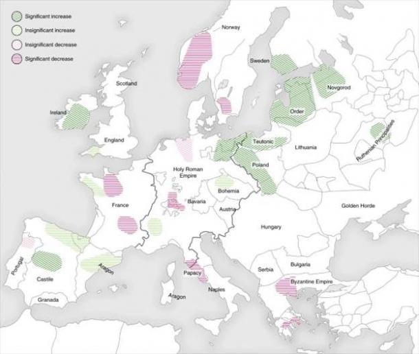 Regional scenarios of Black Death demographic impact. Colors reflect centennial-scale changes in the cereal pollen indicators. Background map with political borders of 14th-c. Europe. (Hans Sell, Michelle O’Reilly, Adam Izdebski; Izdebski et al./ Nature Ecology & Evolution, 2022)