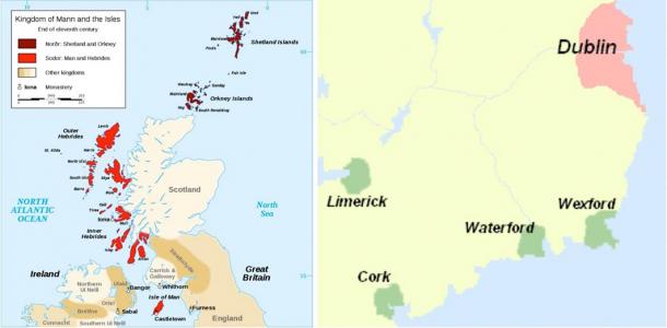 Regions of Scotland (left), Ireland (right) and Man (left) settled by the Norse. (Sémhur (left) / Yorkshirian (right) / CC BY-SA 3.0)