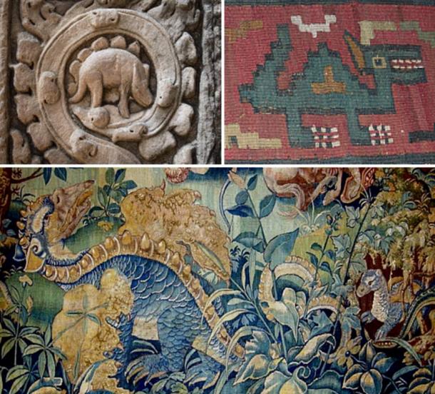 Top left: Relief carving at Angkor Wat, Cambodia (1186 AD). Top Right: Textile from Nazca, Peru (700 AD). Bottom: Tapestry in the Chateau de Blois (1500 AD)