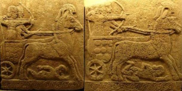 Relief in basalt depicting a battle chariot, Carchemish, 9th century BC; Late Hittite style with Assyrian influence. Did such vehicles leave the tracks in the ancient Phrygia Valley?