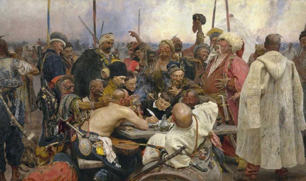 Reply of the Zaporozhian Cossacks, which features Ukrainian Cossacks sporting their oseledets hairstyle, by Ilya Repin. (Public domain)