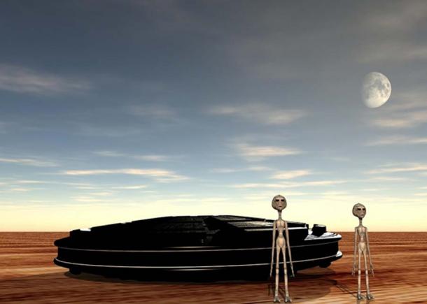 Representación de un OVNI y extraterrestres en un desierto.