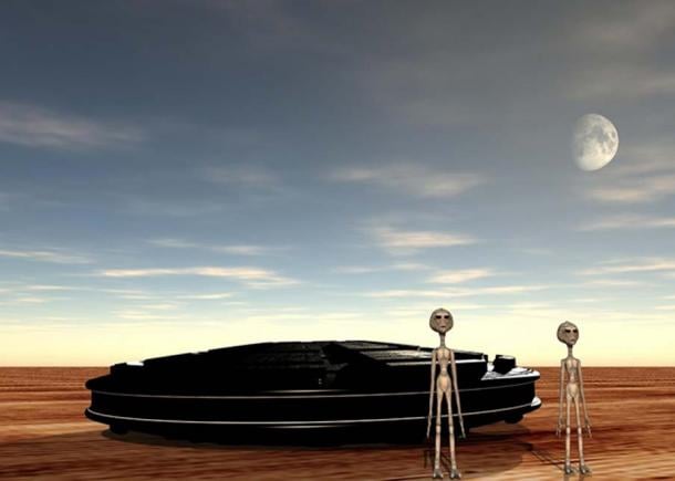 Representation of a UFO and aliens in a desert.