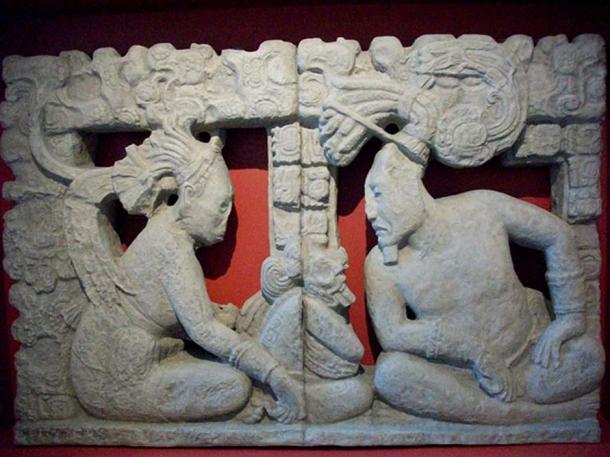 Representation, though not from Loltun, of Ixchel (left) and Itzamna (right) on the sacred mountain before the creation of the world. Museo Amparo, Puebla