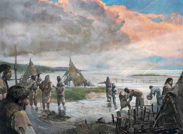 Representación del pueblo mesolítico de Doggerland frente al aumento del nivel del mar (Alexandre Maliev)