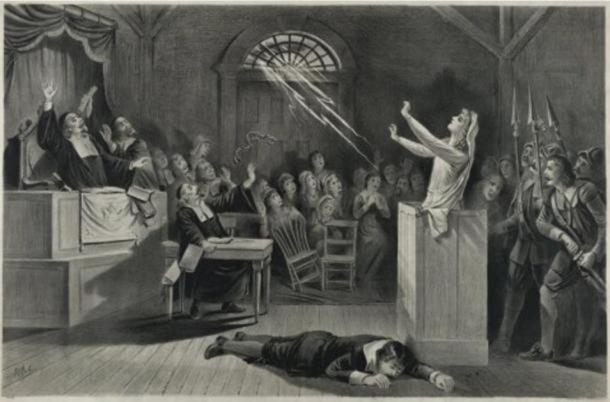 Representation of the Salem witch trials. Lithograph from 1892 by Joseph E. Baker. (Wikimedia Commons)