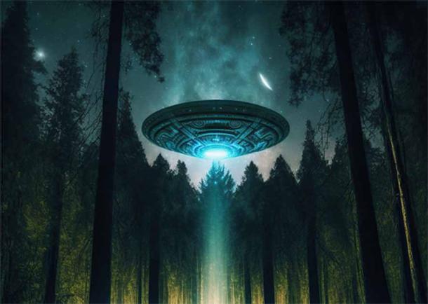 Representational image of a UFO flying over a forest, much like the accounts of the events which took place at Rendlesham Forest in Suffolk. (RookStuff / Adobe Stock)