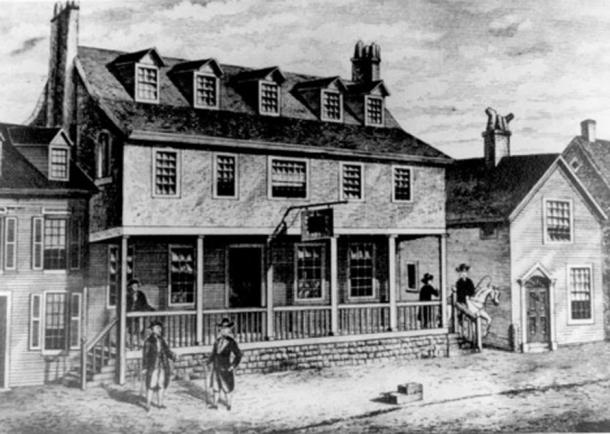 Representative image of an old tavern. This is a sketch of Tun Tavern in the Revolutionary War. (Public Domain)