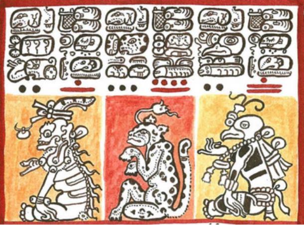 Reproduction of a detail of the Codex Dresdensis (13th century) showing Mayan hieroglyphics