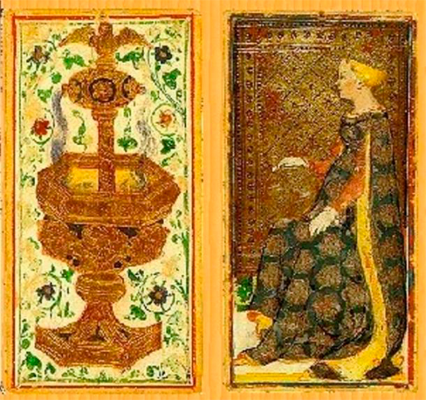 Reproduction of two cards from the Pierpont-Morgan Bergamo Visconti-Sforza Deck, c. 1420 AD. (Public Domain)
