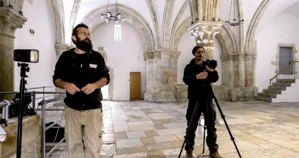 IAA researchers surveying the King David’s Tomb building, on Mount Zion in Jerusalem. (IAA)
