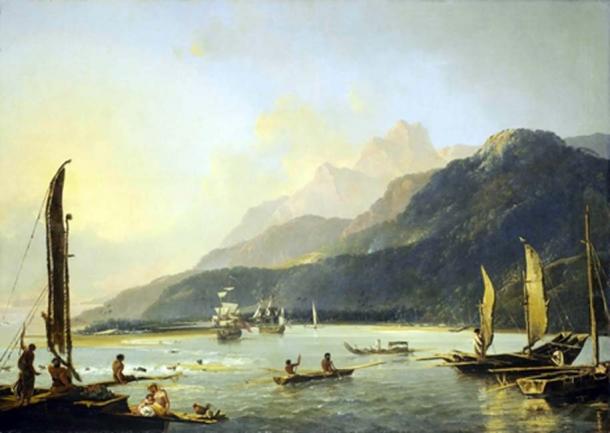 Resolution and Adventure with fishing craft in Matavai Bay, painted by William Hodges in 1776, shows the two ships of Commander James Cook's second voyage of exploration in the Pacific at anchor in Tahiti. (Public Domain)