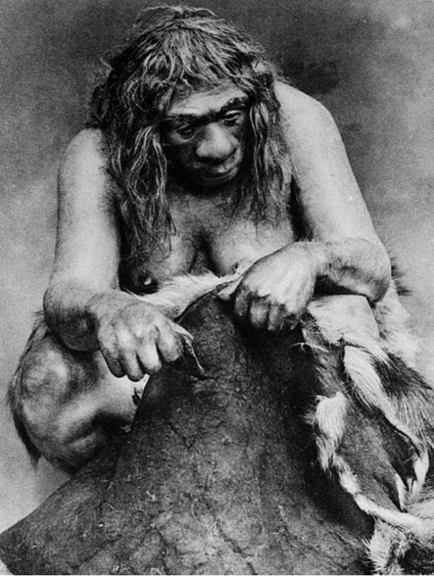 Restoration of a Neanderthal woman cleaning a reindeer skin.