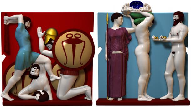 Restored sculpted panels over the main entrance to the temple of Zeus at Olympia, 440 BC. (Author Provided).