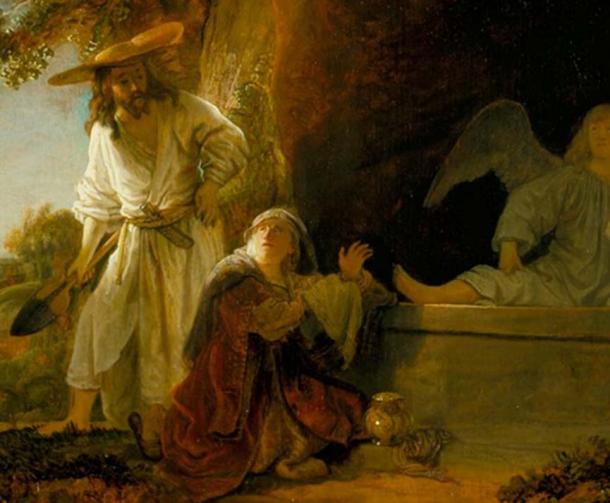 The Resurrected Christ and Mary Magdalene at the Tomb by Rembrandt. Beside Mary we see her famed alabaster jar.